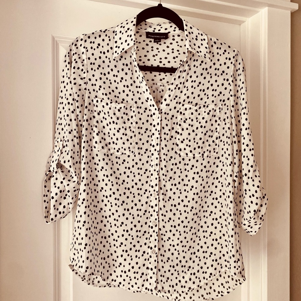 Fortune & Ivy - slightly sheer polka/animal print button up blouse